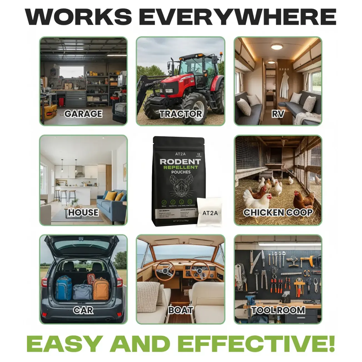AT2A pouch placement in garages, RVs, homes, vehicles and storage spaces