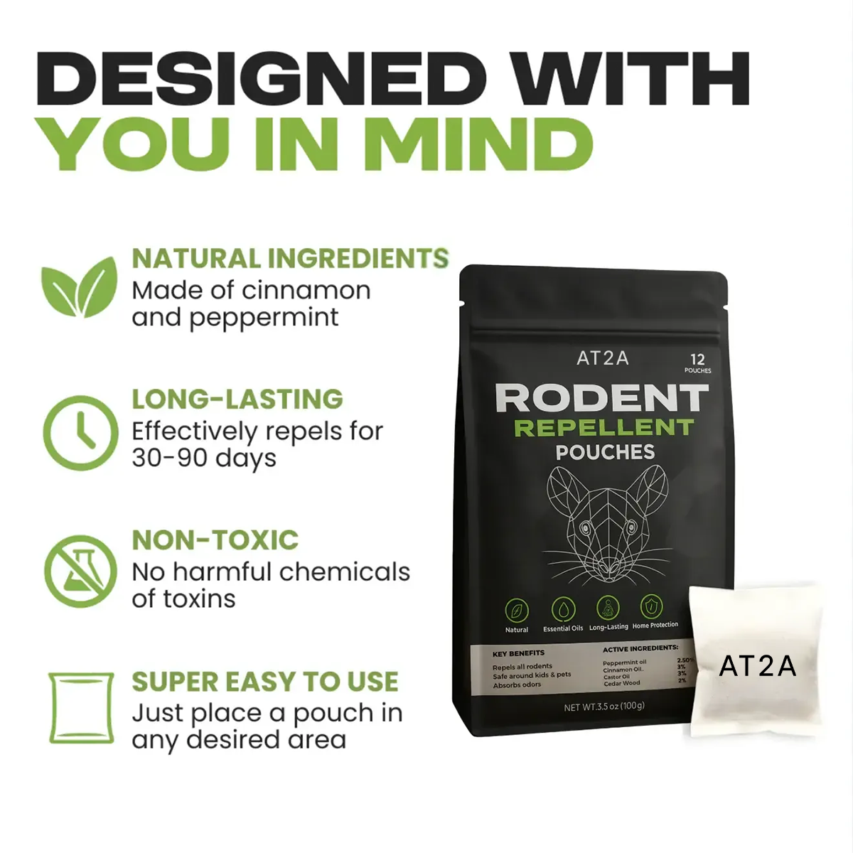AT2A pouch features: natural ingredients, long lasting and easy to use